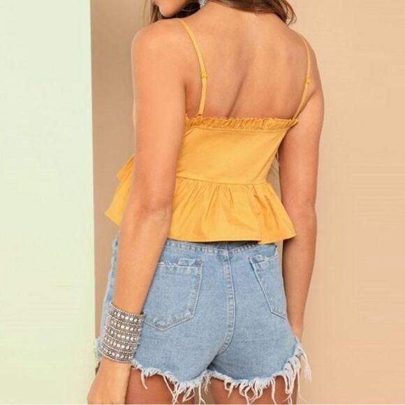 Mustard yellow 100% cotton ruffle bodice peplum crop top size large - Picture 3 of 9